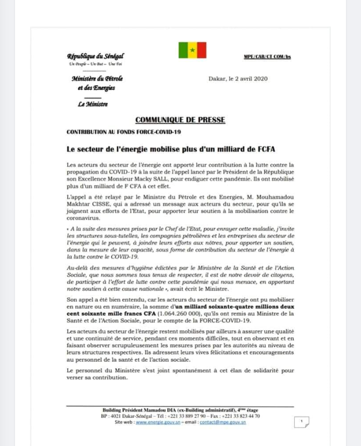 Force Covid-19: Le ministre du Pétrole Makhtar Cissé débloque plus d'un (1) milliard 