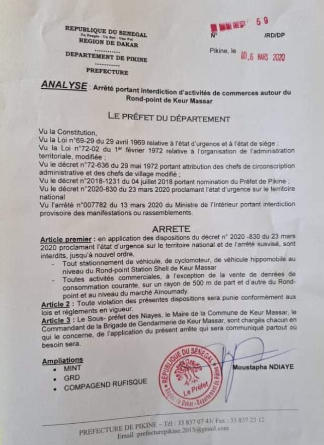 Coronavirus : interdiction d'activités commerciales autour du rond-point Keur Massar (arrêté)