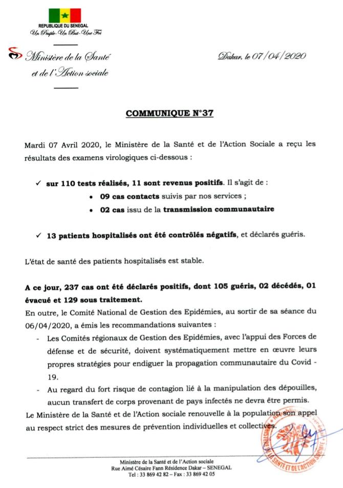 Point #Covid_19 de ce mardi 7 avril 2020... 11 nouveaux cas positifs et 13 malades guéris