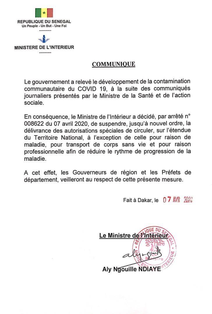 Lutte contre la propagation des Cas communautaires: Aly Ngouille Ndiaye suspend la délivrance des autorisations de circuler sur le territoire sauf pour...