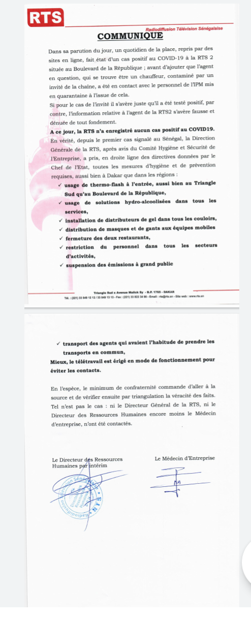 La RTS affirme n'avoir enregistré aucun cas positif de coronavirus (communiqué)