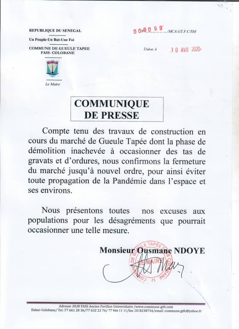 #Covid_19sn - Le maire Ousmane Ndoye ferme le marché Gueule-Tapée jusqu'à nouvel ordre 