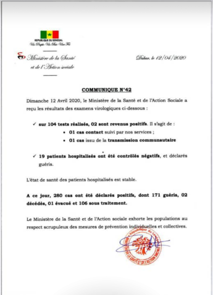 Coronavirus : 171 patients guéris et 106 sous traitement depuis l’apparition de la pandémie au Sénégal