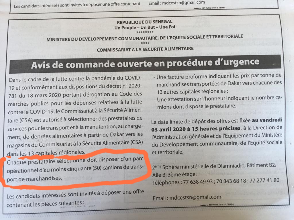 L'Avis de commande ouverte en procédure d'urgence lancé par le ministère ministère du Développement communautaire, de l'Equité sociale et territoriale