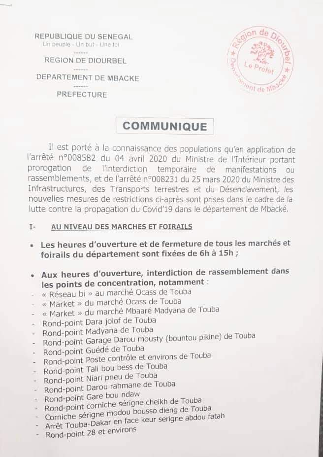 #Covid-19sn: Le préfet de Mbackè sort un arrêté pour fixer les heures de fermeture des marchés