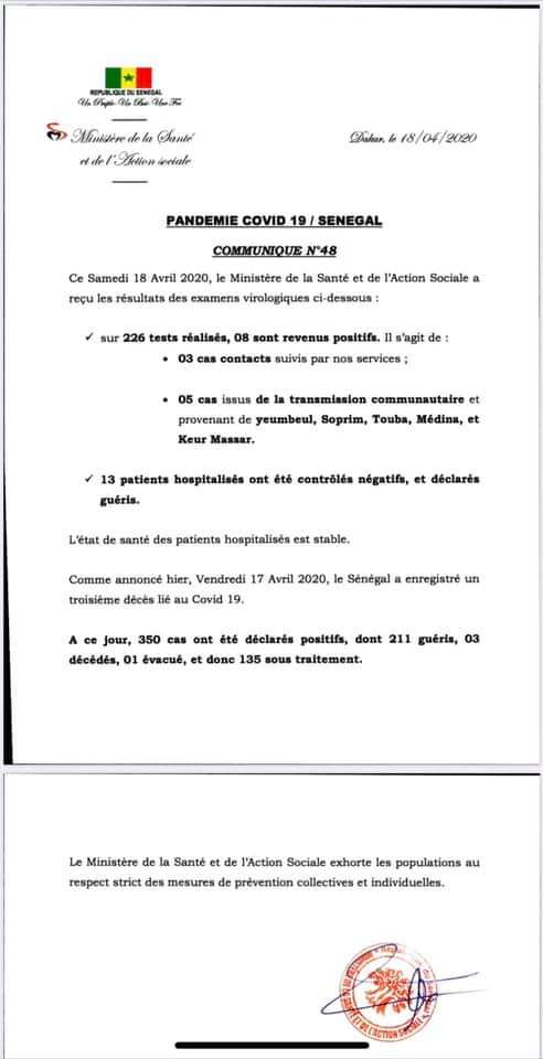 Les 5 cas communautaires du jour sont de Yembeul - Cité Soprim- Touba - Médina et Keur Massar