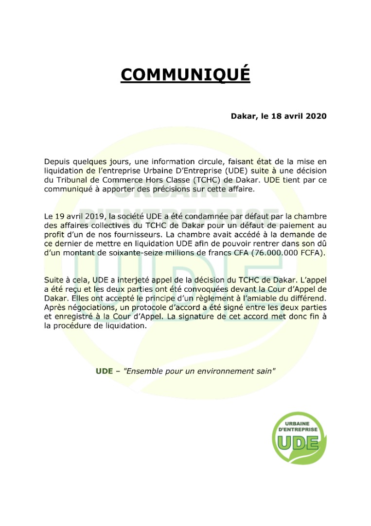 Mise en liquidation de UDE: l'entreprise apporte des précisions sur l'affaire