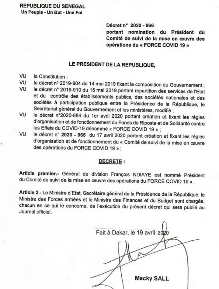 Gestion du fonds de lutte contre la covid-19 : Le général François Ndiaye aux commandes