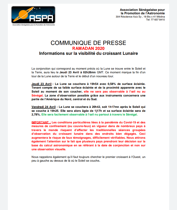 Ramadan 2020 : la lune ne sera pas observable à l’œil nu au Sénégal jeudi soir (Aspa)