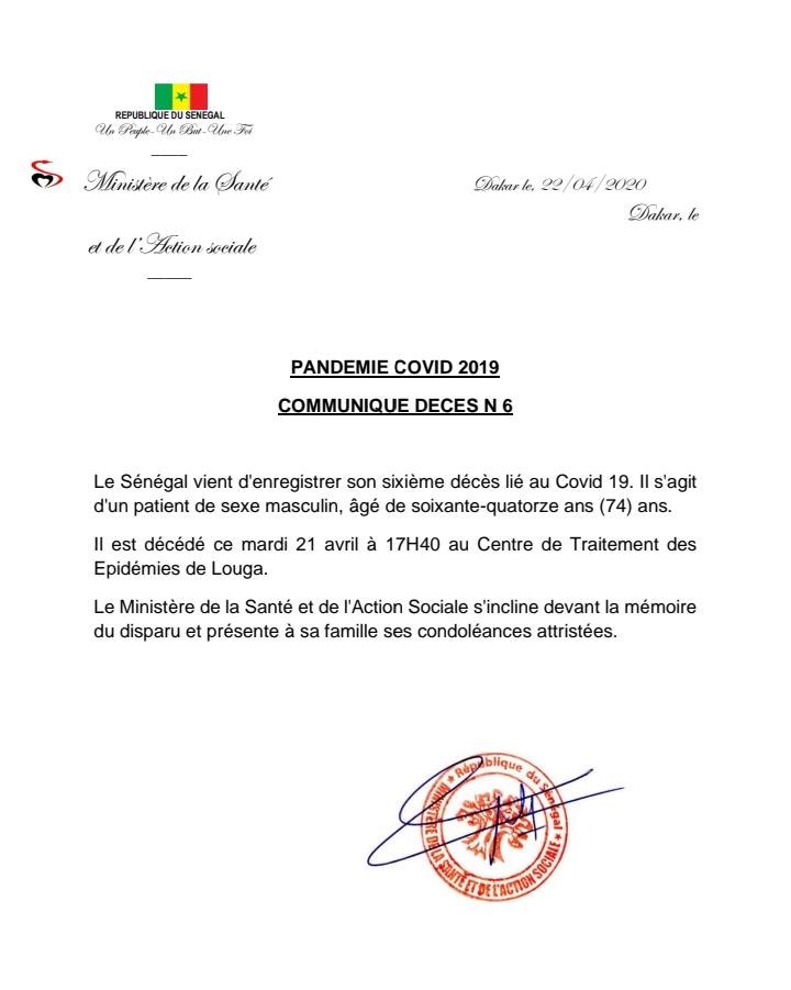 #Urgent COVID-19 : Le Sénégal enregistre son sixième décès.