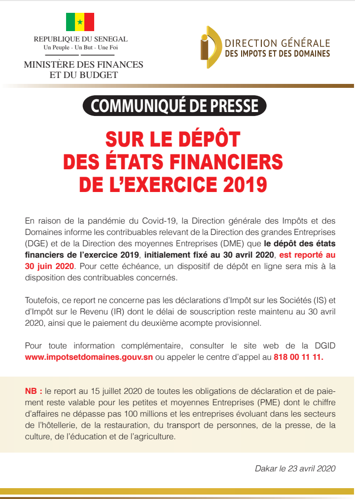 Le dépôt des états financiers de l’exercice 2019 est reporté au 30 juin 2020