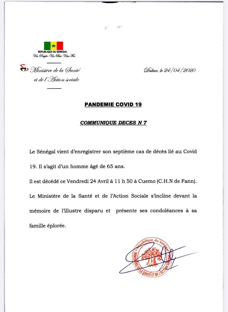 Le Sénégal enregistre un 7e cas de décès lié au coronavirus