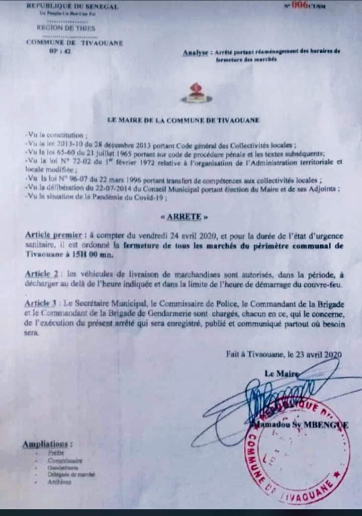 Covid-19: Tivaouane ferme ses marchés à partir de ce vendredi