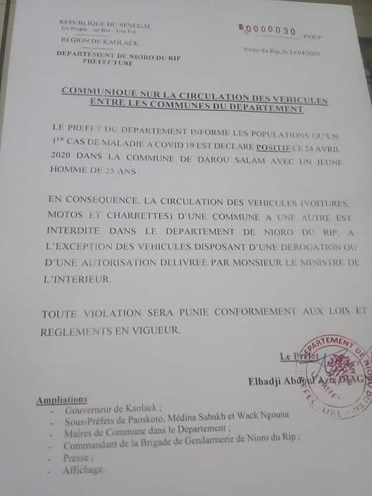 Kaolack a enregistré son premier cas de Covid-19 ce vendredi, le préfet annonce des mesures 