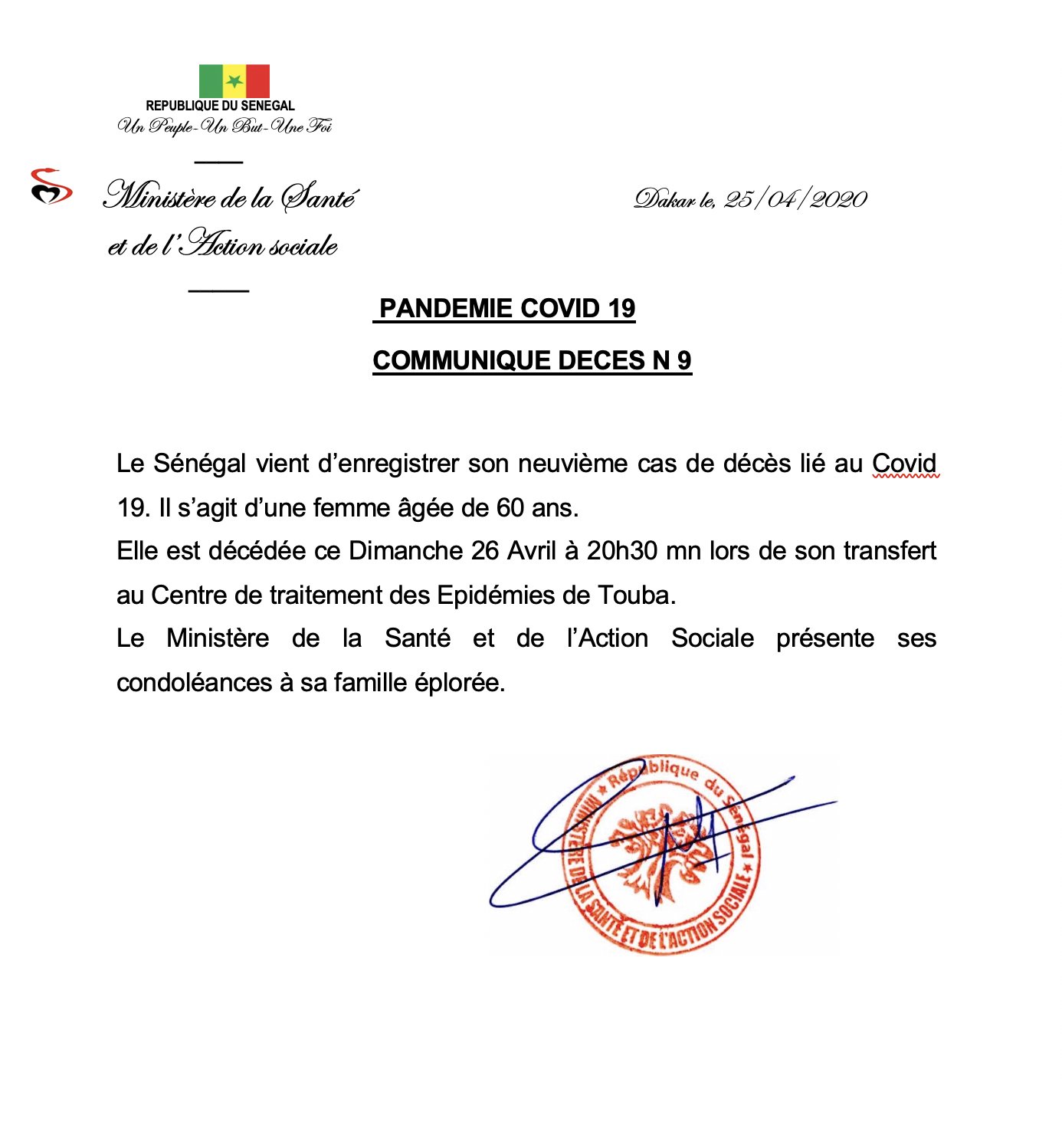 Sénégal : 9e décès lié au Coronavirus, une femme âgée de 60 ans