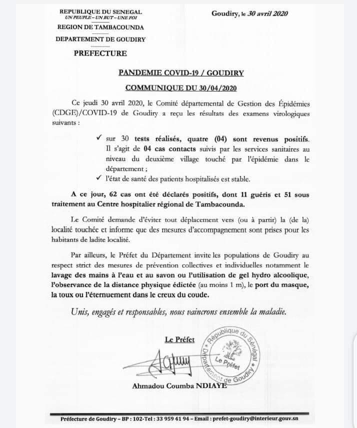 Goudiry: 11 malades guéris, 51 encore sous traitement (préfecture)