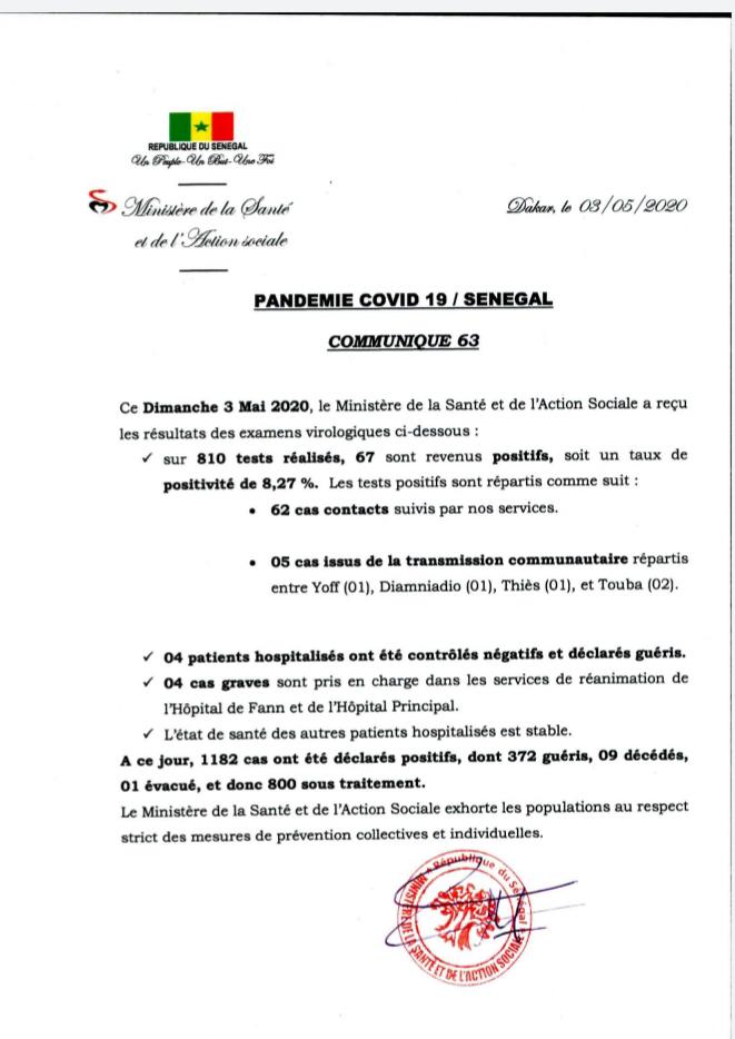 5 cas communautaires ce dimanche: Touba, Thiès, Diamniadio et Yoff, touchés