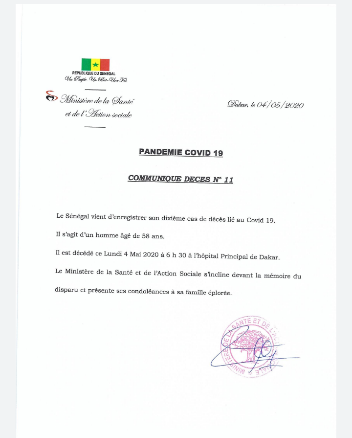 Le Sénégal enregistre son 10e décès lié au coronavirus, un homme âgé de 58 ans