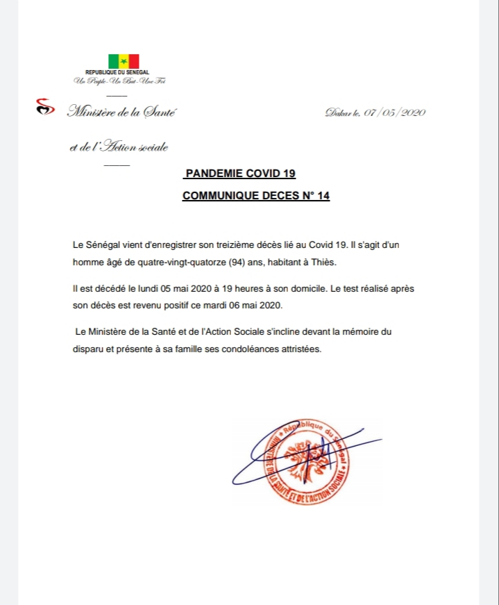 Dernière minute -   le Sénégal vient d'enregistrer son treizième décès lié au coronavirus