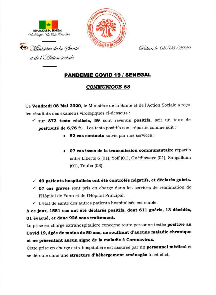 #Covid_19sn - 7 cas graves annoncés par le ministère de la Santé ce vendredi