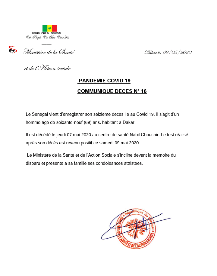 Sénégal: une personne décédée jeudi, testée positive au coronavirus ce samedi