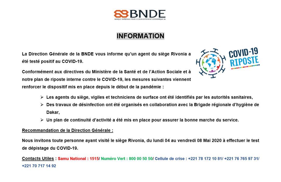 COVID-19 : Un cas positif au siège de la Banque nationale de développement économique