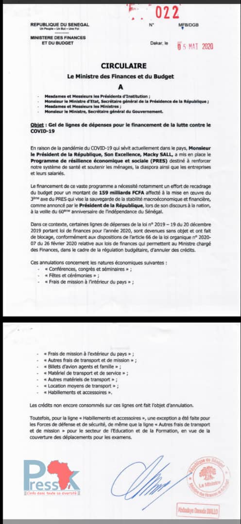 Gestion crise sanitaire: l’Etat serre encore les ceintures en bloquant les lignes de crédits (Document)