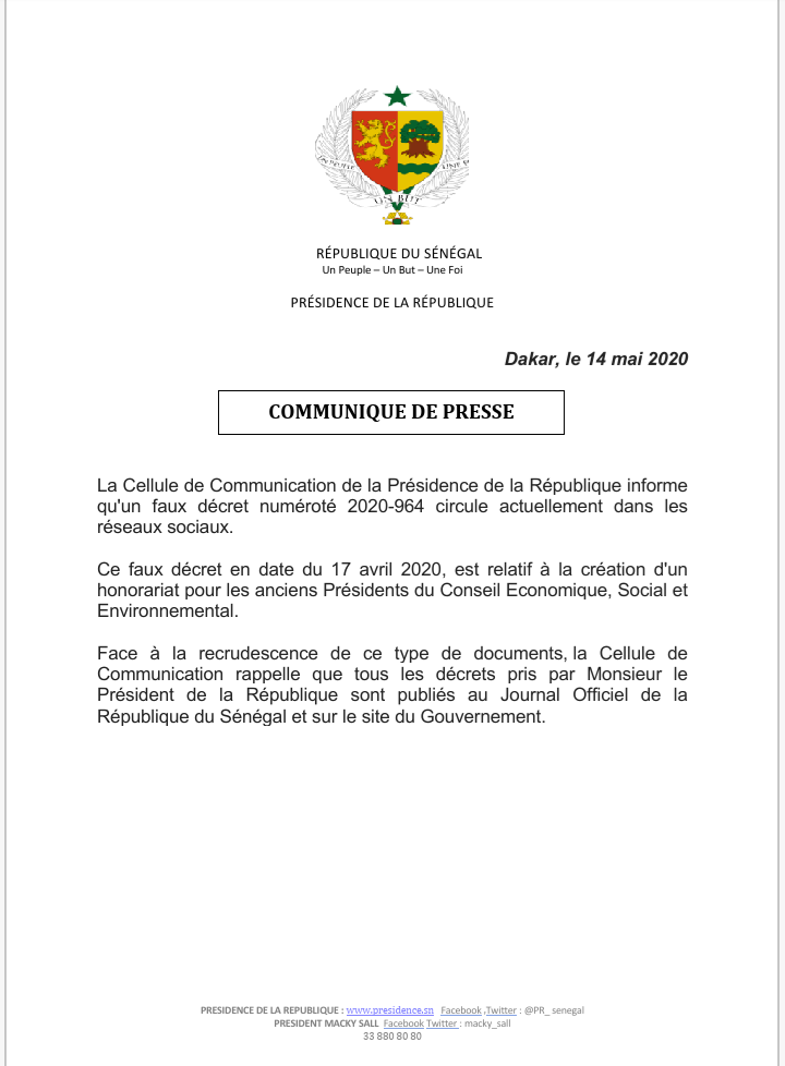 Honorariat pour les anciens présidents du CESE: la présidence de la République dénonce un faux décret qui circule sur les réseaux sociaux