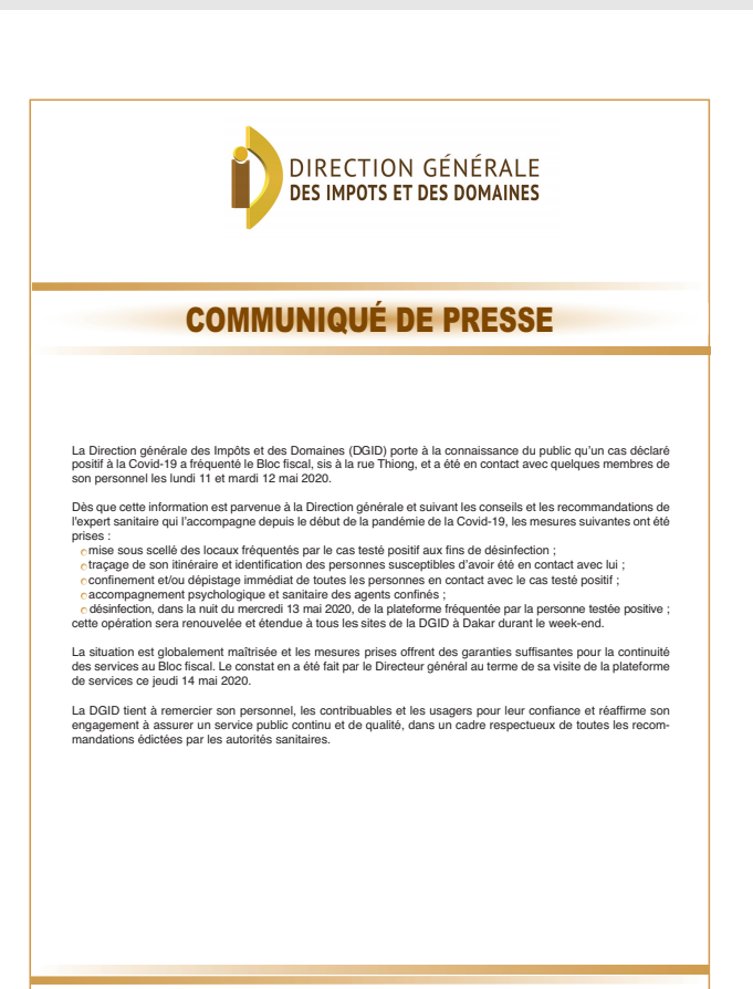 Cas positif présent à la Dgid : La direction affirme que la situation est globalement maîtrisée