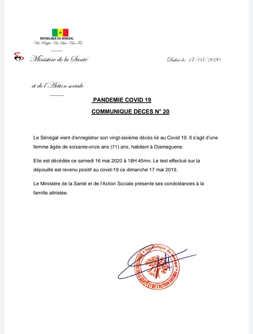 Le Sénégal vient d’enregistrer son 26e décès lié au Coronavirus