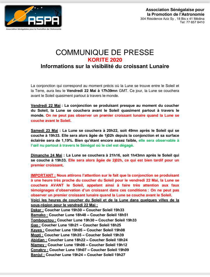 Korité 2020 : Informations sur la visibilité du croissant Lunaire