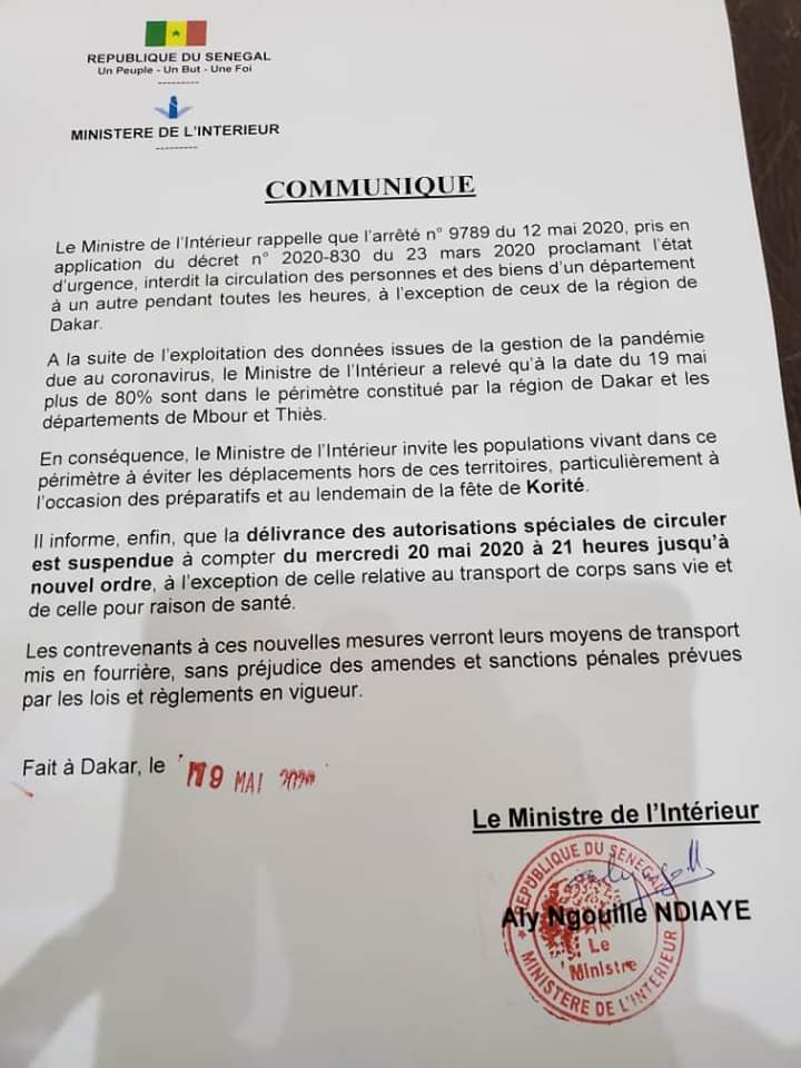Fête de Korité: Aly Ngouille Ndiaye suspend les autorisations de circuler