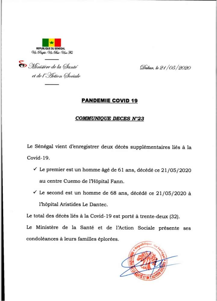 Sénégal: deux (2) décès supplémentaires liés au covid-19, soit un total de 32 