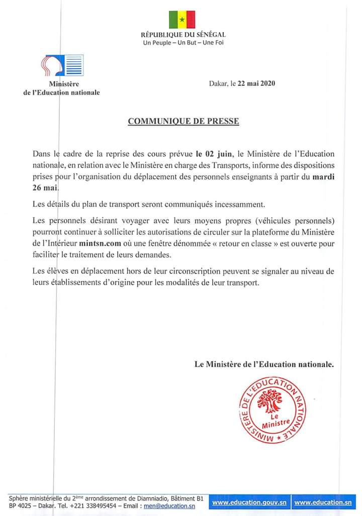 Reprise des cours : des dispositions prises pour le déplacement des personnels enseignants à partir de mardi (ministre)