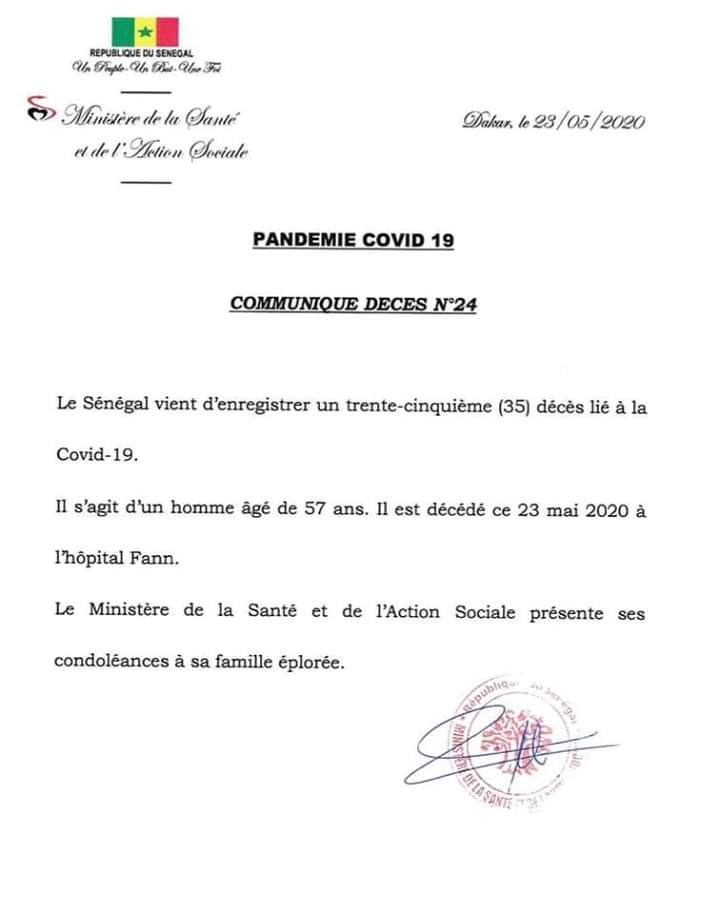 Sénégal : un 35e décès attribué au coronavirus, un homme âgé de 57 ans