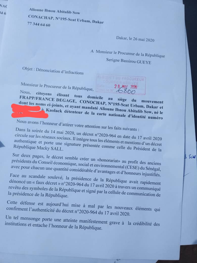 Le FRAPP a officiellement saisi le procureur de la République sur l'affaire du "vrai-faux" décret