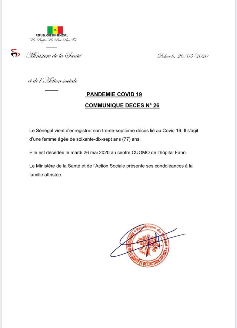 Le Sénégal enregistre son 37e décès lié à la Covid-19