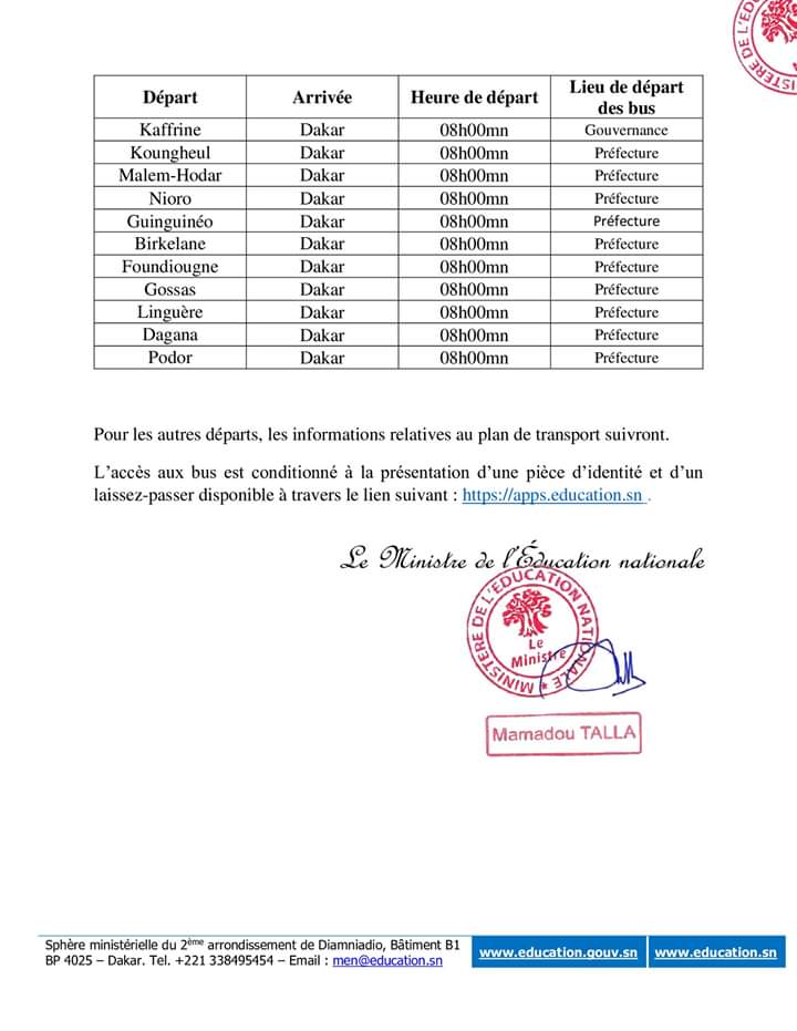 Un nouveau planning pour le convoyage des enseignants dans leurs lieux de service (Document)