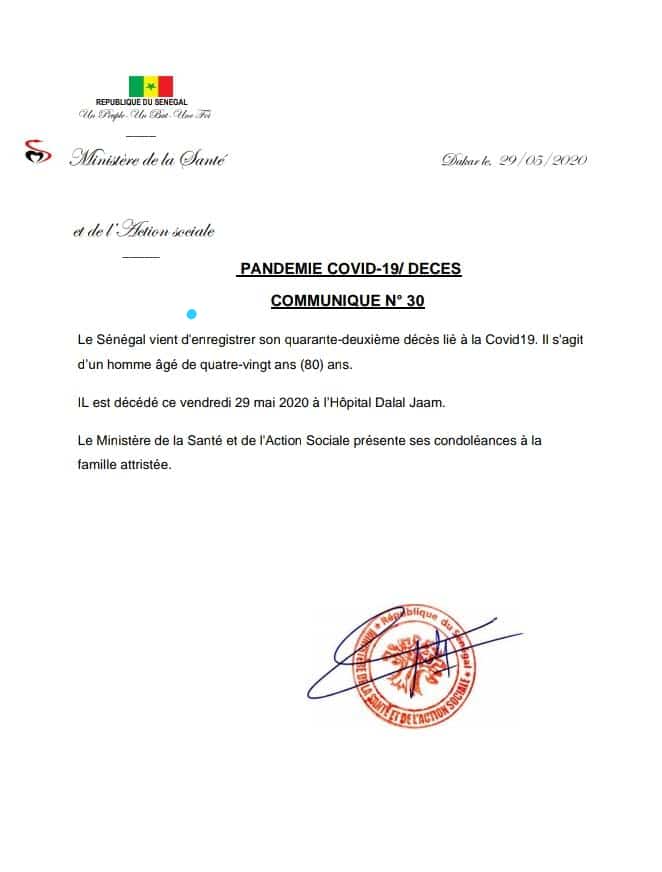 Le Sénégal enregistre son 42e décès lié à la COVID19