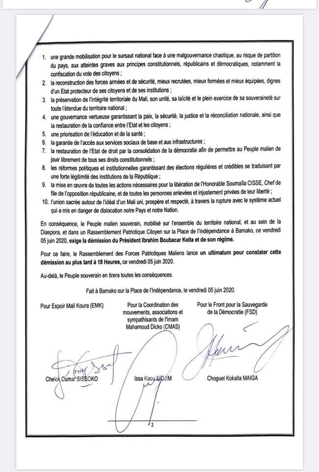 Mali: IBK a jusqu’à 18 heures pour démissionner (Document)
