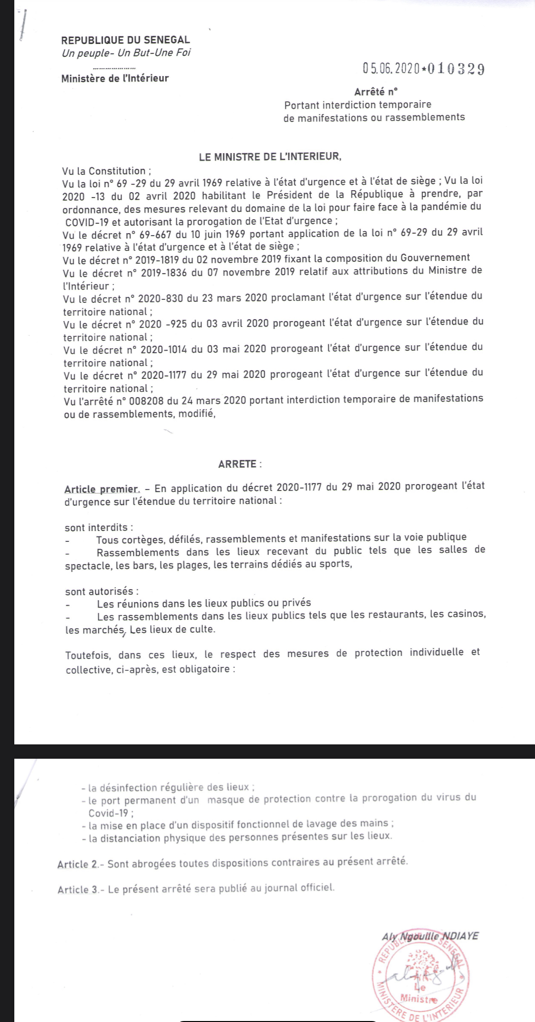 Les arrêtés du ministre Aly Ngouille Ndiaye sur les dernières mesures d’assouplissement de l’Etat d’urgence... Couvre-feu, transports interurbains (Documents)