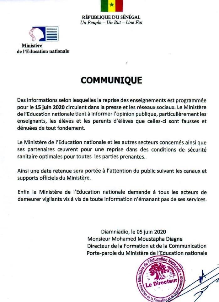Reprise des cours le 15 juin: le ministère de l’Éducation dément