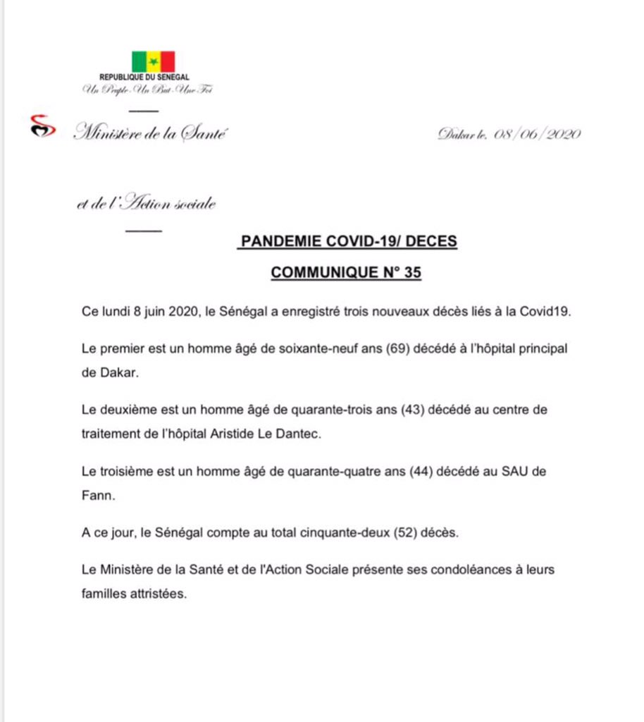 Le Sénégal enregistre 3 nouveaux décès et franchit la barre des 50 morts