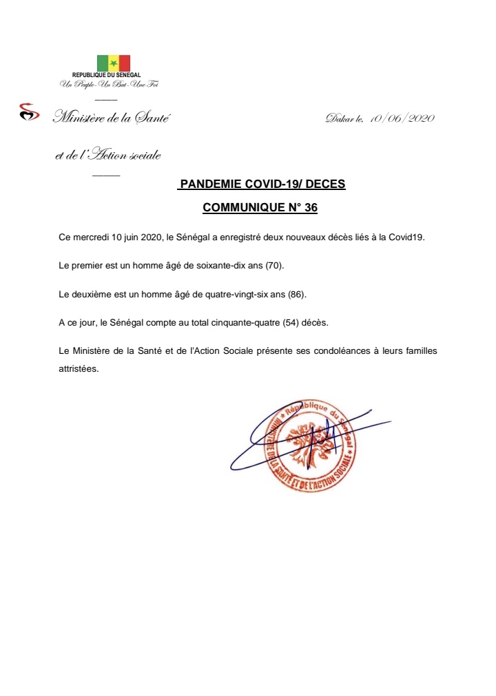 Le Sénégal enregistre deux nouveaux décès liés au Coronavirus (54 au total)