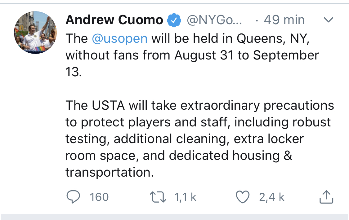 Tennis: Le gouverneur de New York autorise la tenue de l'US Open