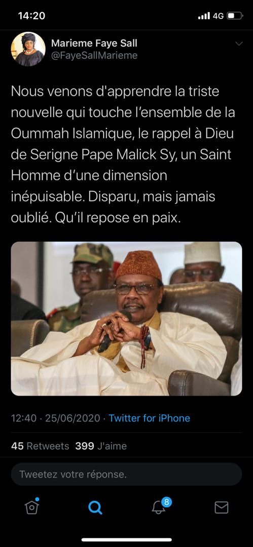 Rappel à Dieu de Serigne Pape Malick Sy : l’hommage de la Première dame Marème Faye Sall