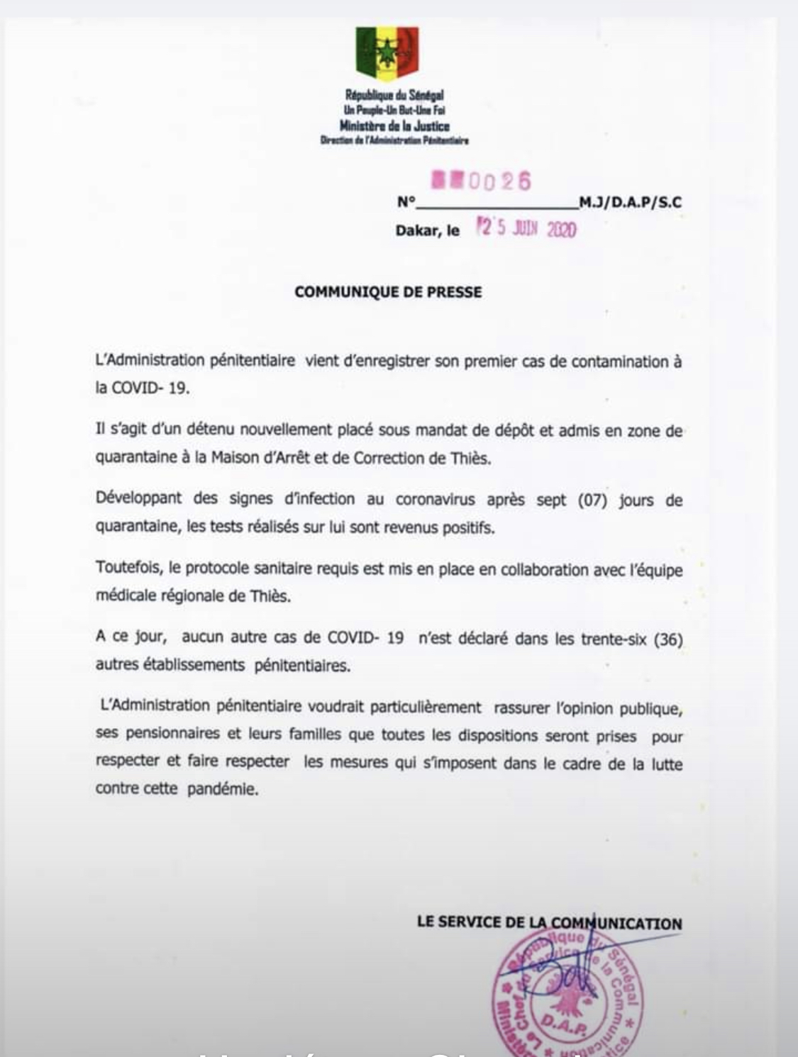 Les prisons sénégalaises enregistrent leur premier cas de COVID-19 (Document)