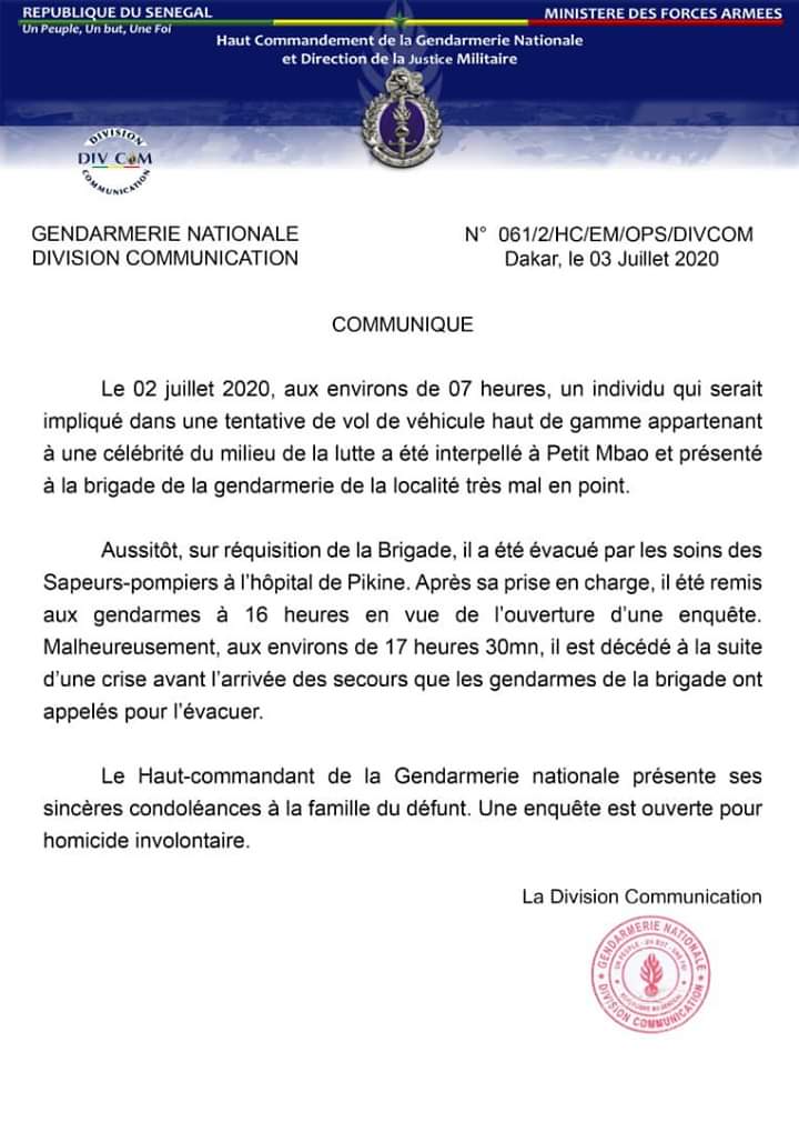 Mort d’un individu dans les locaux de la brigade de Petit Mbao après son interpellation: une enquête pour homicide involontaire annoncée par la Gendarmerie