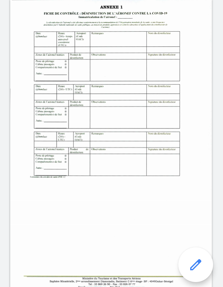 Conditions sanitaires pour le transport aérien des passagers à destination du Sénégal