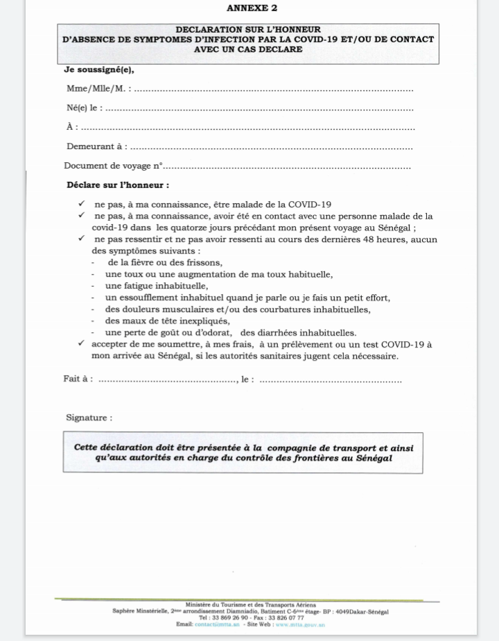 Conditions sanitaires pour le transport aérien des passagers à destination du Sénégal